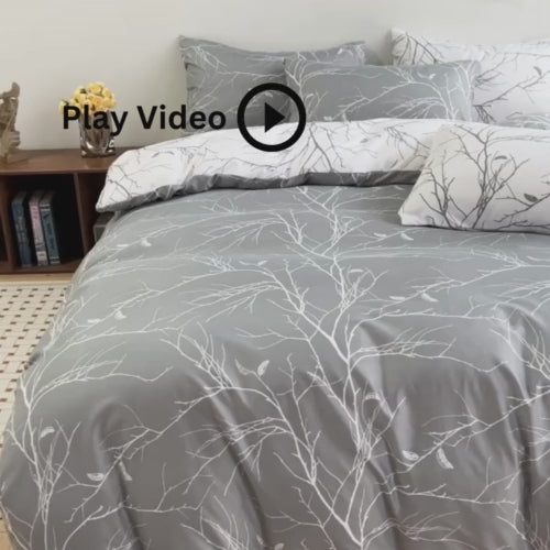 King size 6 pieces without filler, Reversible Design Grey and White Sakura Duvet cover.