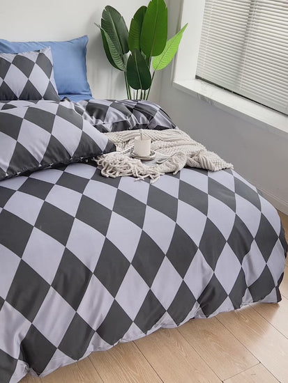 Single size 4 pieces Bedding Set without filler, Black and Grey Diamond Design -BusDeals Today