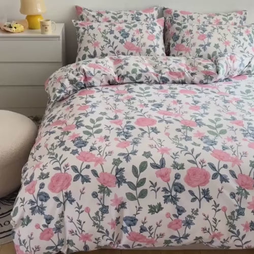 Deluxe Queen/Double Size 6 Pieces Soft Quality Korean Style, Duvet Cover Set Pink Flowers, BusDeals Today