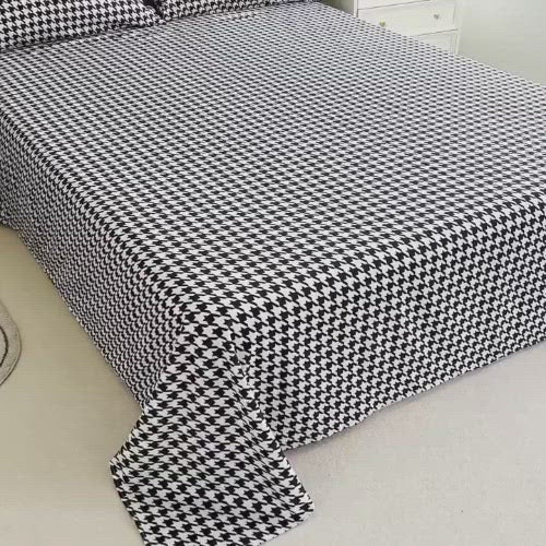 3 Pieces bedsheet set, Black and White Color Houndstooth Design -BusDeals Today