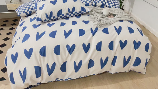 Single size 4 pieces Bedding Set without filler, Hearts and Checkered Design Blue and White Color,Buedeals Today
