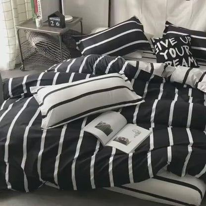 Queen size bedding set of 6 pieces, black&white stripes design.