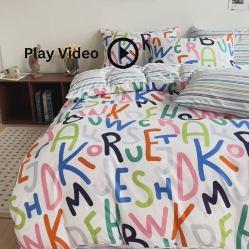 Single Size 4 Pieces  Reversible Alphabet Design Stripped Bedsheet and Rainbow Colors Duvet Cover without filler.