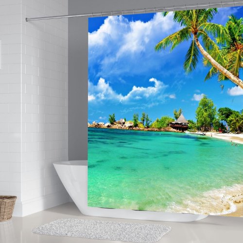 Beautiful Beach Design, Shower Curtain with 12 Hooks. - BusDeals