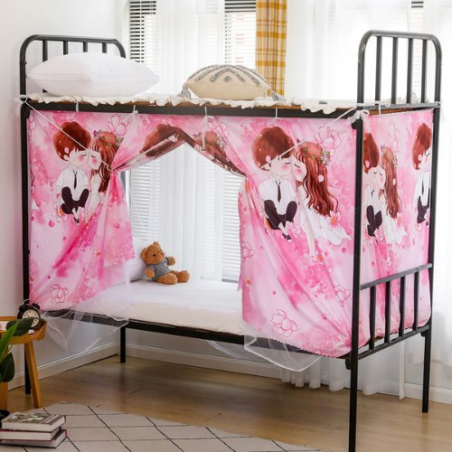 Bed curtain for lower deck single bed, Cute couple design pink color - BusDeals