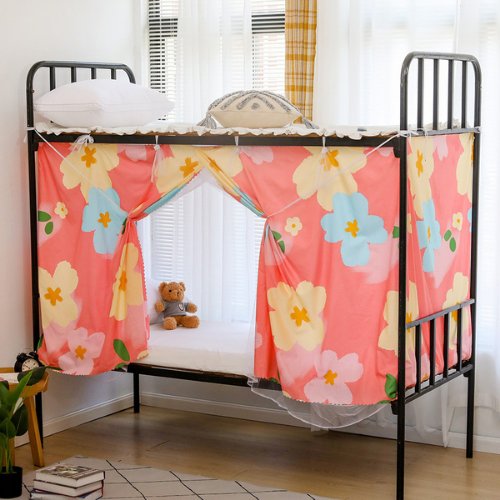 Bed curtain for lower deck single bed, Flower design pink color - BusDeals