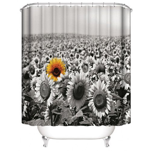 Black & White Sunflower Design, Shower Curtain with 12 Hooks. - BusDeals