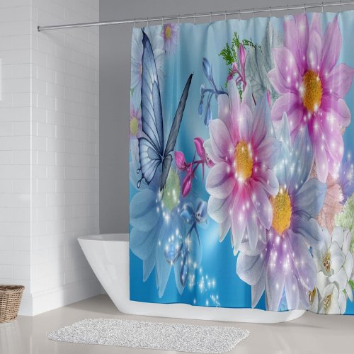 Butterfly with floral Design, Shower Curtain with 12 Hooks. - BusDeals