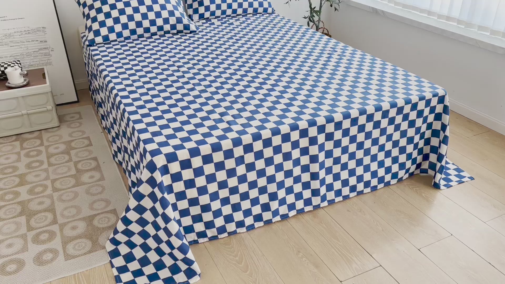 3 Pieces bedsheet set, Blue Color Checkered Design