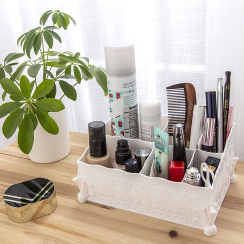 Chic Floral Decor Makeup Organizer, White Color - BusDeals