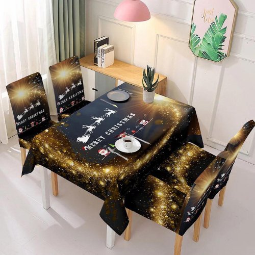 Christmas Table Cloth with 4 Piece Chair Covers, Santa with Reindeer Design. - BusDeals