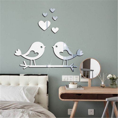 Couple love bird 3D mirror wall sticker home decoration, Silver - BusDeals