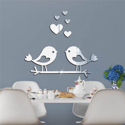 Couple love bird 3D mirror wall sticker home decoration, Silver - BusDeals