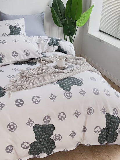 Single size 4 pieces Bedding Set without filler, Teddy Bear Design -BusDeals Today