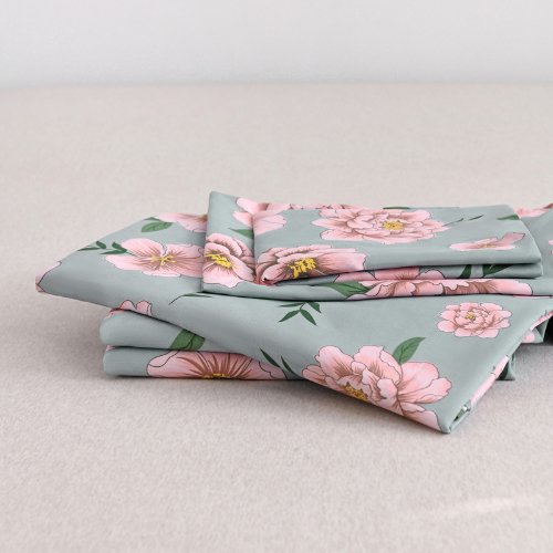 Deluxe King Size 6 Pieces Soft Quality Korean Style, Duvet Cover Set Blue Color with Pink Peonies - BusDeals