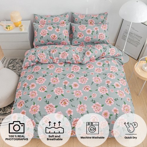 Deluxe King Size 6 Pieces Soft Quality Korean Style, Duvet Cover Set Blue Color with Pink Peonies - BusDeals
