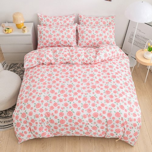 Deluxe King Size 6 Pieces Soft Quality Korean Style, Duvet Cover Set Pink Rose - BusDeals