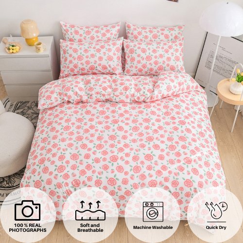 Deluxe King Size 6 Pieces Soft Quality Korean Style, Duvet Cover Set Pink Rose - BusDeals