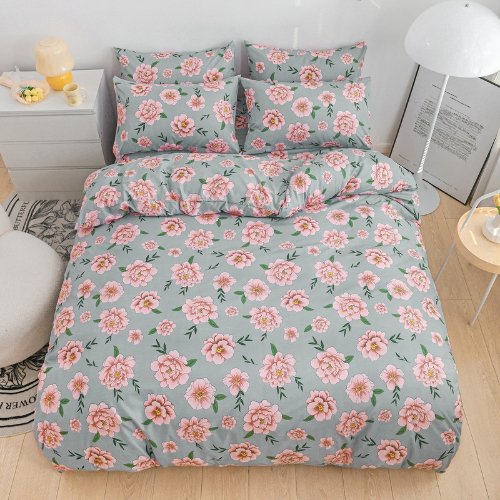 Deluxe Single Size 4 Pieces Soft Quality Korean Style, Duvet Cover Set Blue Color with Pink Peonies - BusDeals