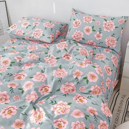 Deluxe Single Size 4 Pieces Soft Quality Korean Style, Duvet Cover Set Blue Color with Pink Peonies - BusDeals