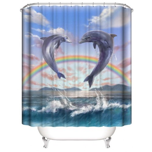 Dolphin with Rainbow Design, Shower Curtain with 12 Hooks. - BusDeals