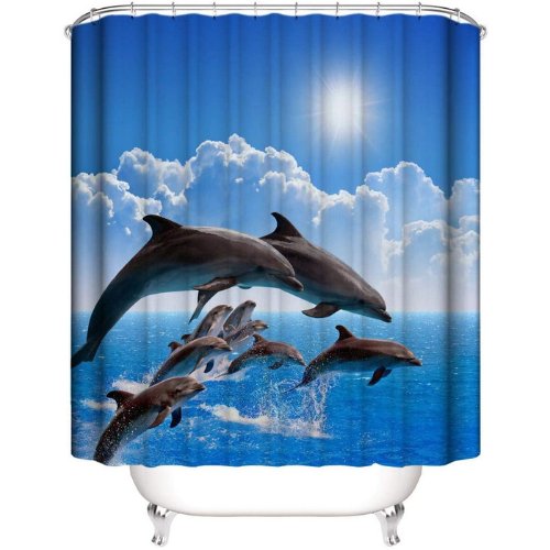 Dolphins design, shower curtain with 12 hooks. - BusDeals