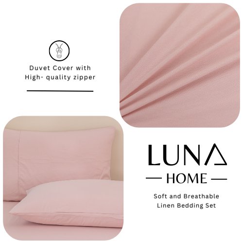 Faux Linen King size 6 Pieces Bedding Set, Duvet cover Set, Plain Pink color. - BusDeals