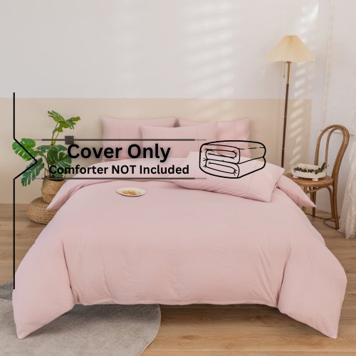 Faux Linen King size 6 Pieces Bedding Set, Duvet cover Set, Plain Pink color. - BusDeals