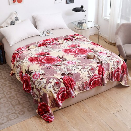 Fleece Blanket 200*230cm Super Soft Throw Cream color with Rose Design. - BusDeals
