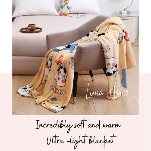 Fleece Blanket 200*230cm Super Soft Throw Orange color with Lucky Cow Moo Moo Friends Design. - BusDeals
