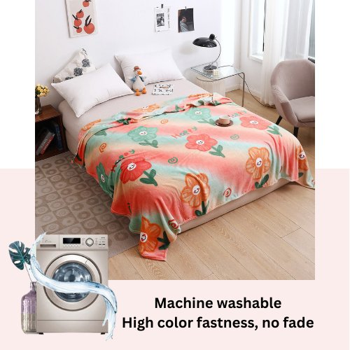 Fleece Blanket 200*230cm, Super Soft Throw Peach Floral Design. - BusDeals