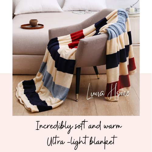 Fleece Blanket 200*230cm Super Soft Throw Striped Design. Red, Gray, Blue. - BusDeals