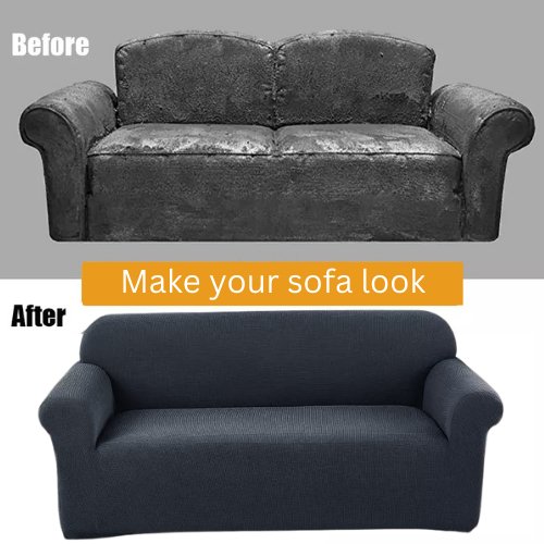 Four Seater Blue Leaves Sofa Cover, Stretchable Sofa Cover. - BusDeals