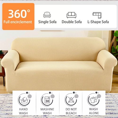 Four Seater Sofa Cover Slipcover Elastic Sectional Couch Solid Beige Color, Jacquard Fabric. Soft Comfortable and Breathable. - BusDeals