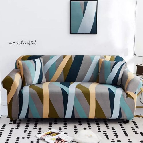 Four Seater Stretchable Sofa Cover, Geometric Design Gray Color. - BusDeals