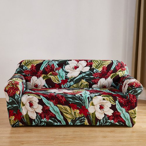 Four Seater Stretchable Sofa Cover, Leaves and Floral Design. - BusDeals