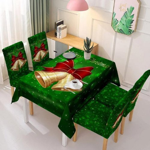 High quality christmas table linen cloth with 4 chair covers, Christmas bell design green color - BusDeals