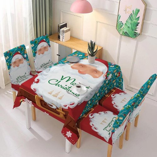High quality christmas table linen cloth with 4 chair covers, Santa claus design green color - BusDeals