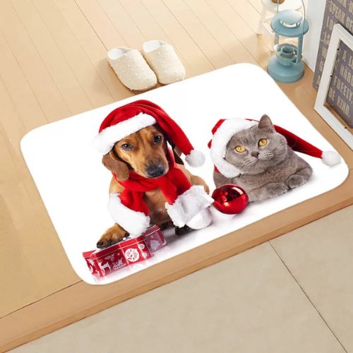 Home floor mat cute dog & cat christmas design, White color - BusDeals