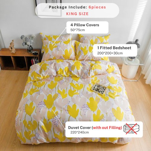 King size 6 pieces, Bedding set without Filler Art design Orange and Basque Flowers. - BusDeals