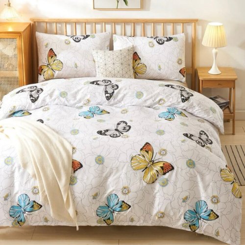 King size 6 pieces Bedding Set without filler, Floral with Monarch Butterfly Design - BusDeals