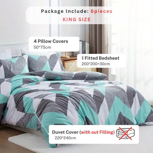 King size 6 pieces Bedding Set without filler, Light Blue Geometric Design - BusDeals