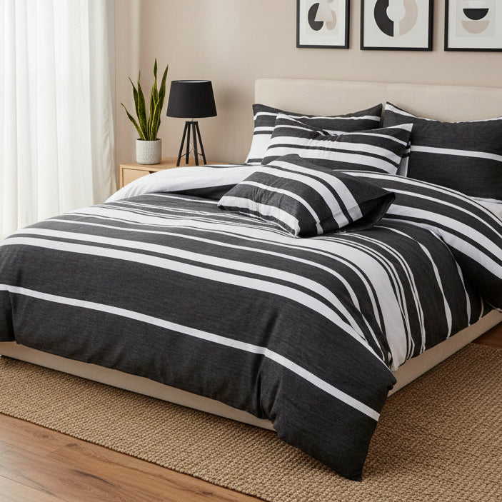 King Size 6 pieces, Black Stripe Design Bedding set. - BusDeals