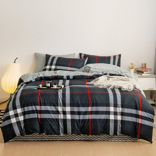 King Size 6 pieces, Dark Blue Checkered Design Bedding set. - BusDeals