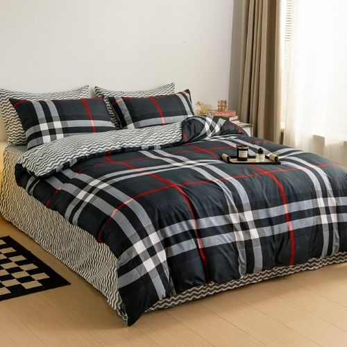 King Size 6 pieces, Dark Blue Checkered Design Bedding set. - BusDeals