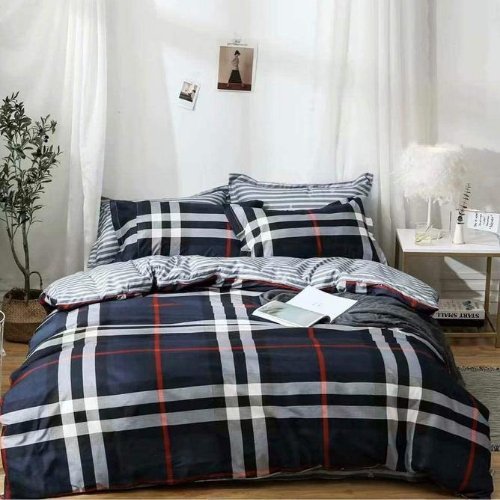 King Size 6 pieces, Dark Blue Checkered Design Bedding set. - BusDeals