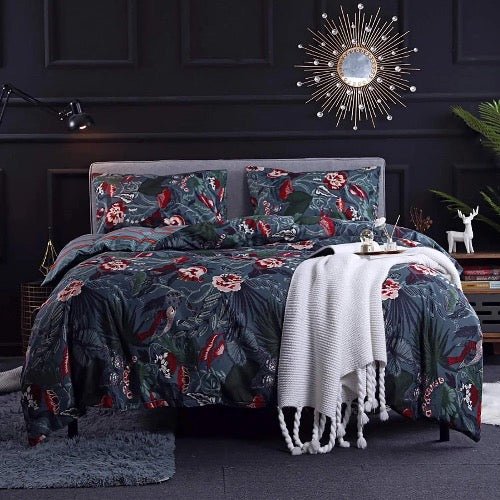 King Size 6 Pieces Duvet Cover Set, Reversible Dark Gray Color Red Flower Bedding Set. - BusDeals
