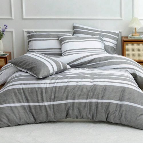 King Size 6 pieces, Gray Stripe Design Bedding set. - BusDeals