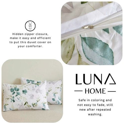 King Size 6 pieces, Green Leaves Design Bedding set. - BusDeals