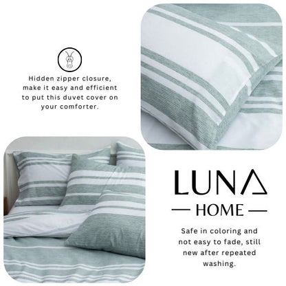 King Size 6 pieces, Green Stripe Design Duvet cover set. - BusDeals